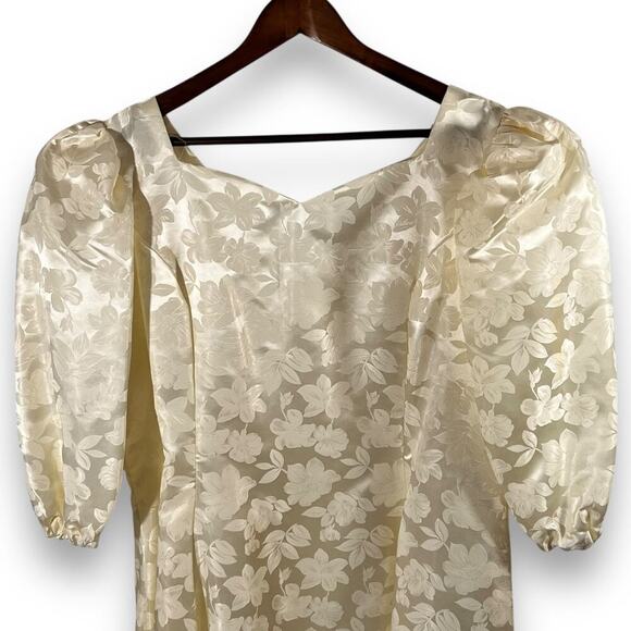Vintage 80s Wedding Dress Sweetheart Neck Puff Sleeve Jacquard Ivory Sz 22 - Picture 7 of 12